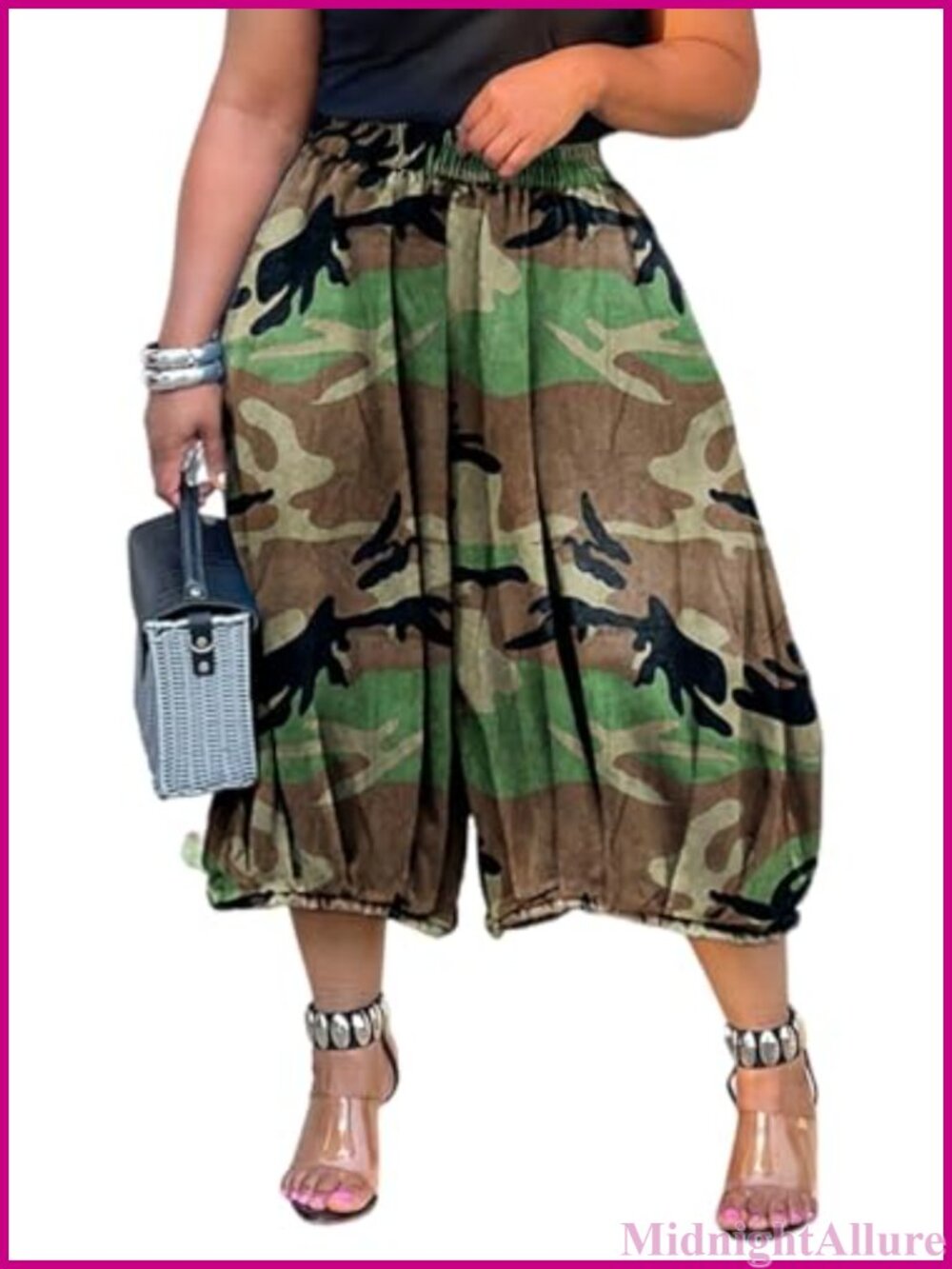 Women's Wide Leg Capri Cargo Jeans Harem Baggy High Rise Camo Denim Pants